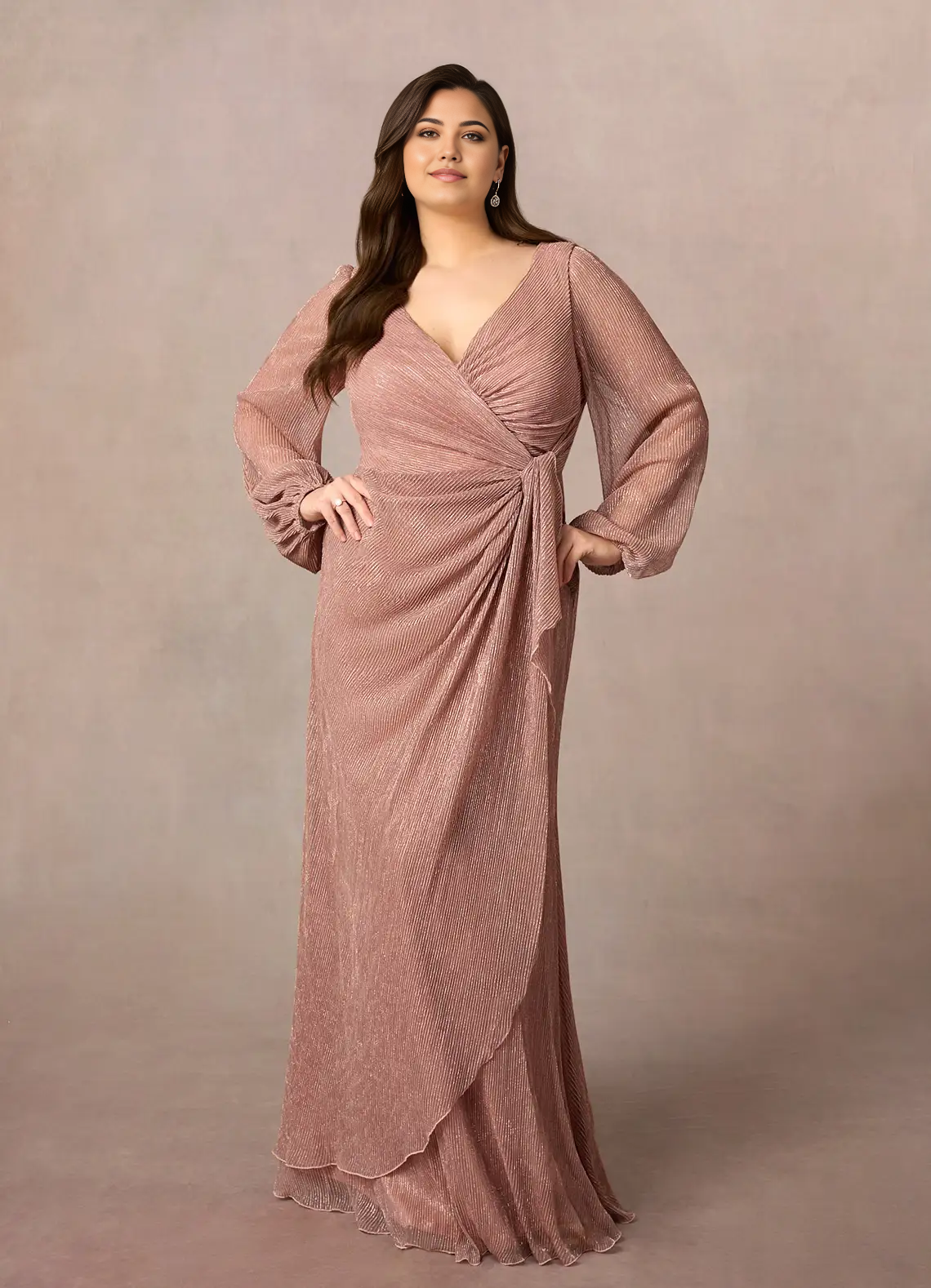 A-Line V-Neck Long Sleeve Ruched Rose Gold Mother of the Bride Dresses