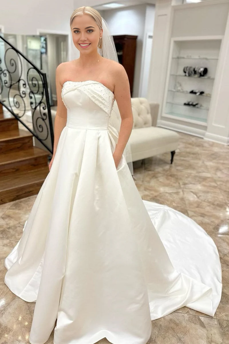 A-Line Strapless Bow-Back Pearls Wedding Dress