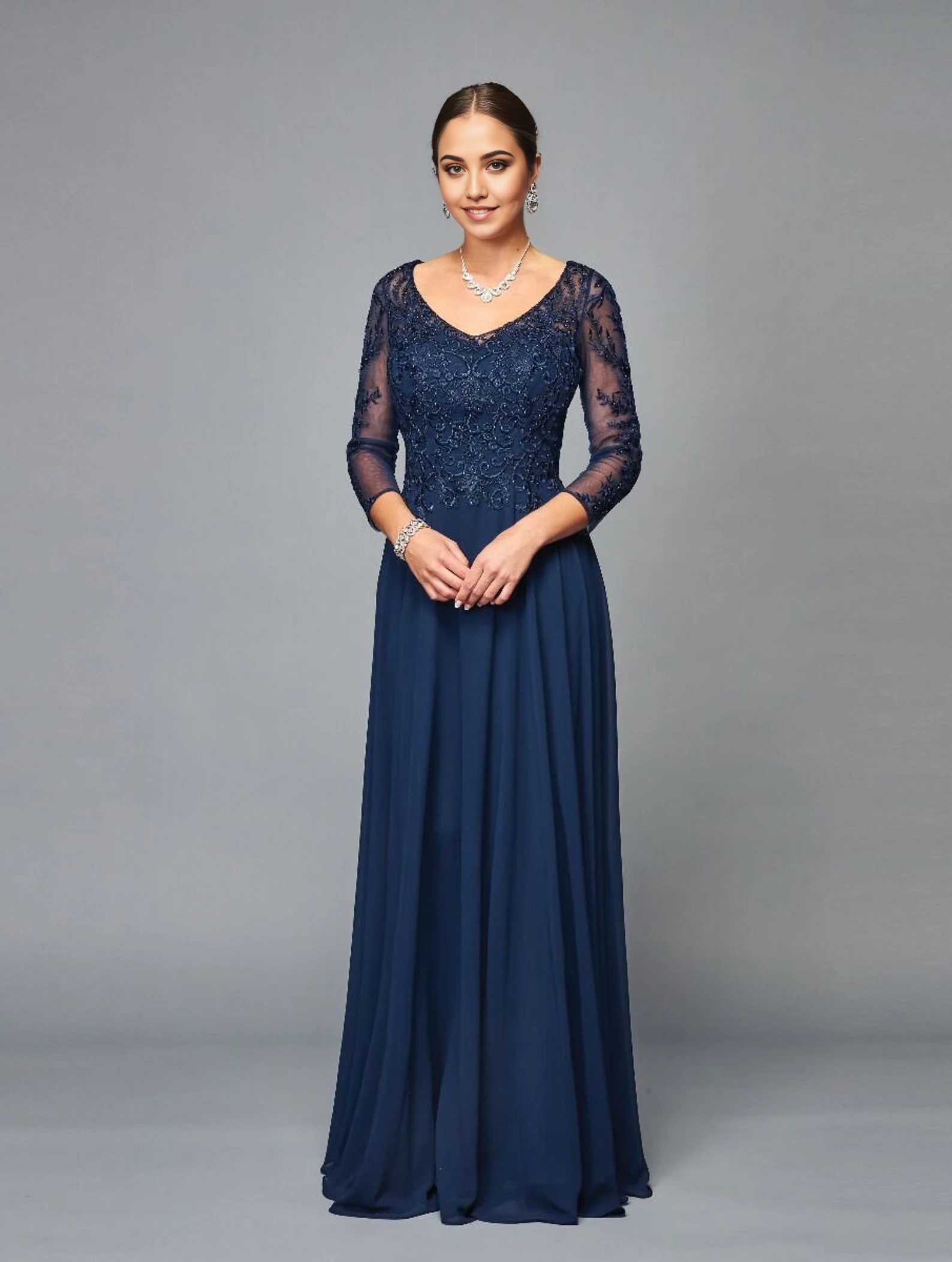 A-line V-Neck 3/4 Sleeve Bridesmaid Dress Formal Dresses for Wedding Guest Cocktail Dress Mother of the Bride Dresses