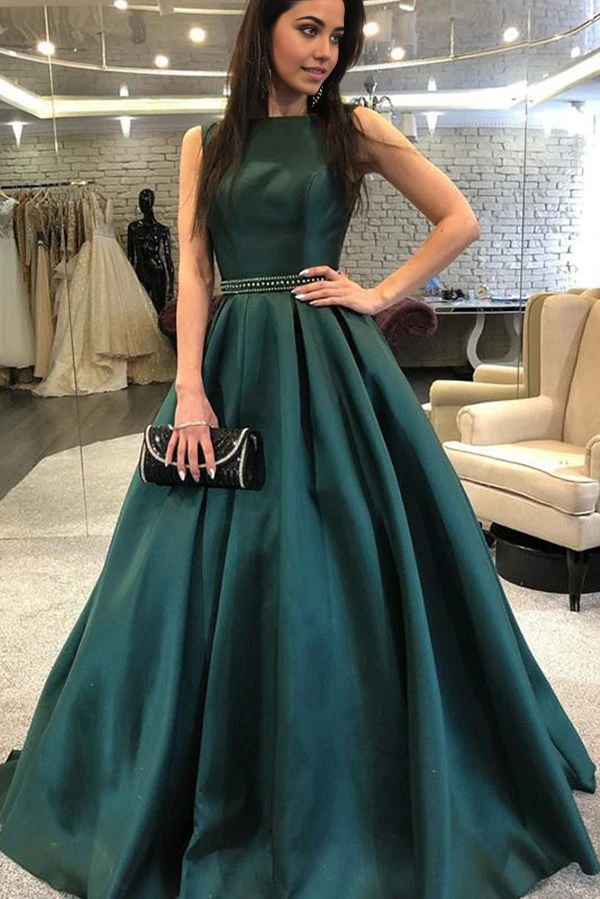 A Line Sleeveless Vintage Satin Floor Length evening gown Long Prom Dresses