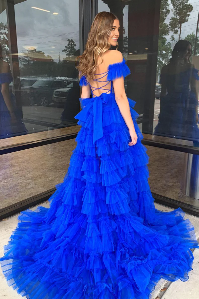 A-line Off the Shoulder Blue Ruffle Tulle evening gowns Long Prom Dress with Slit