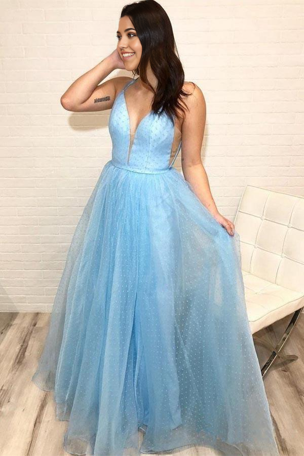A-line Spaghetti Strap V Neck Sky Blue Prom Dress with Tiny Dot Print