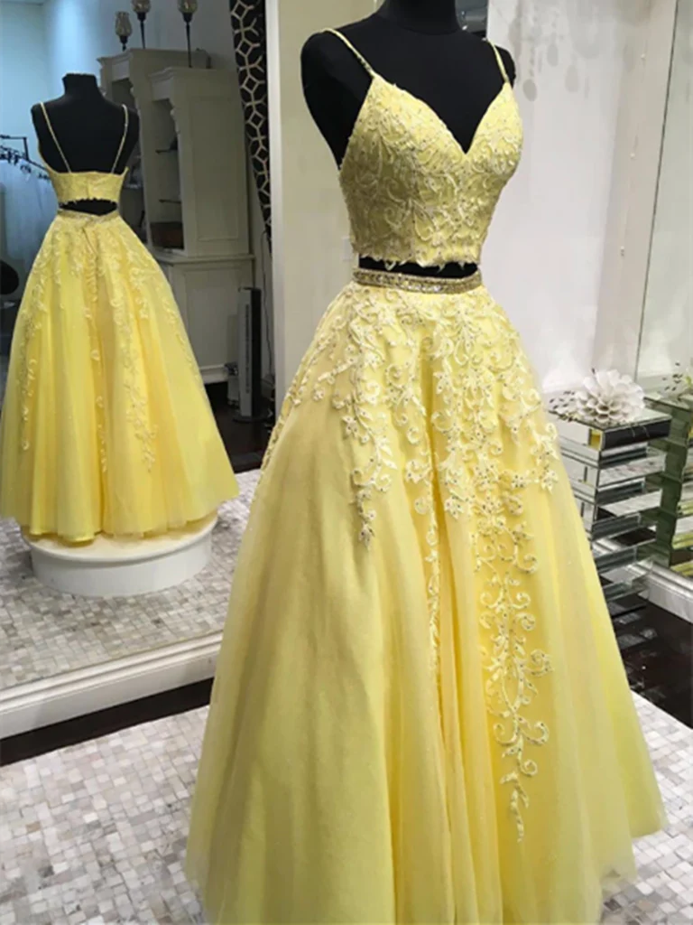 Two Pieces V Neck Tulle Lace Long Prom Dresses Evening Dresses