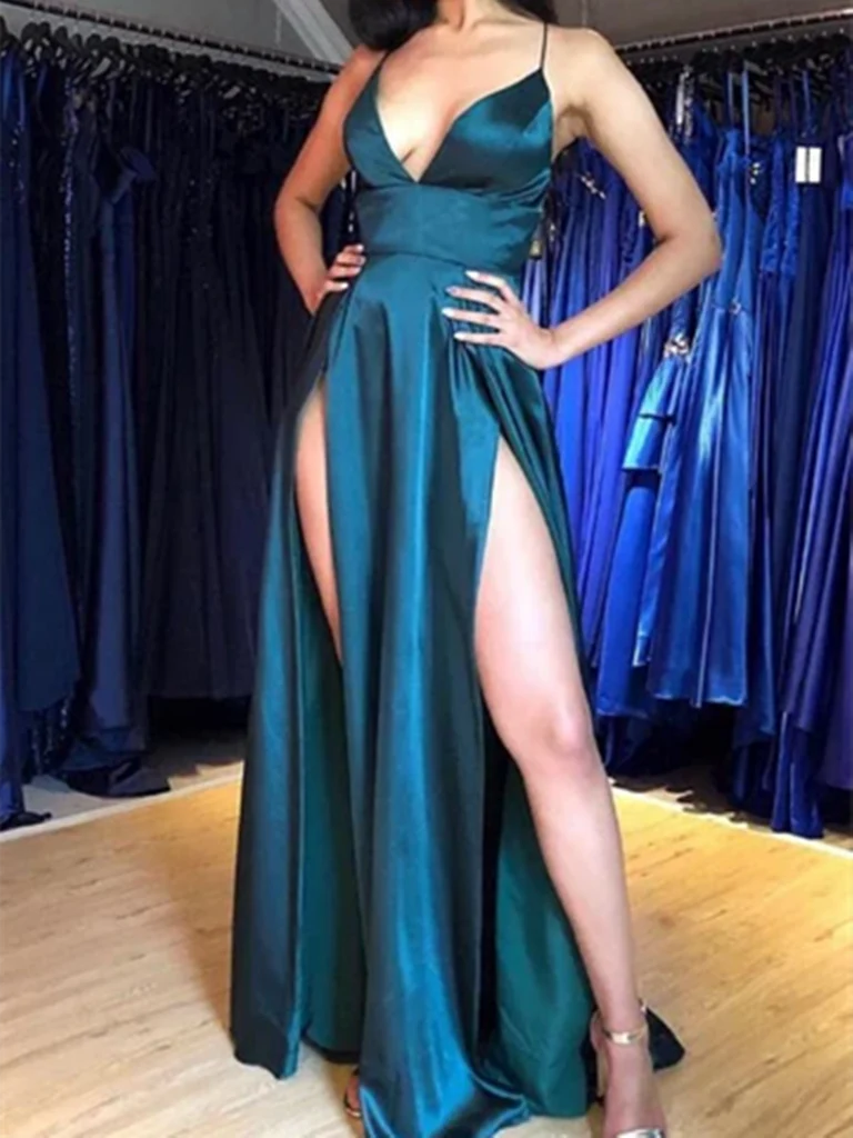 Sexy V Neck Satin Long Prom Dresses Formal Evening Dresses With Slit