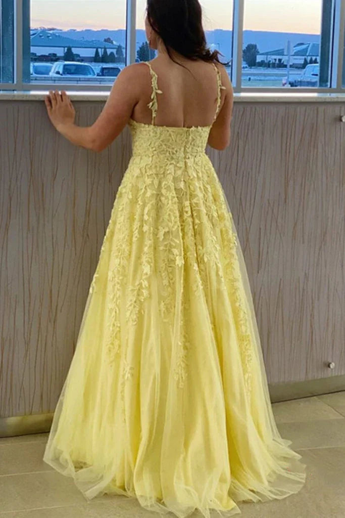 A Line V Neck Backless Lace Long Prom Dresses Formal Graduation Evening Dresses