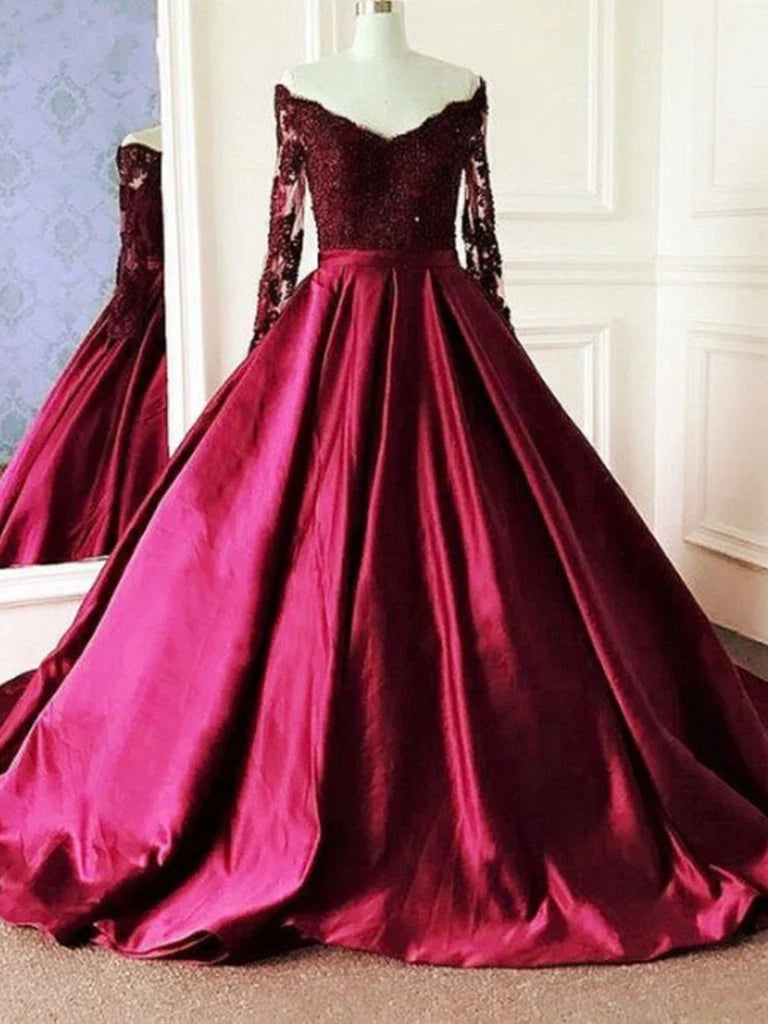 V Neck Long Sleeves Lace Prom Dresses