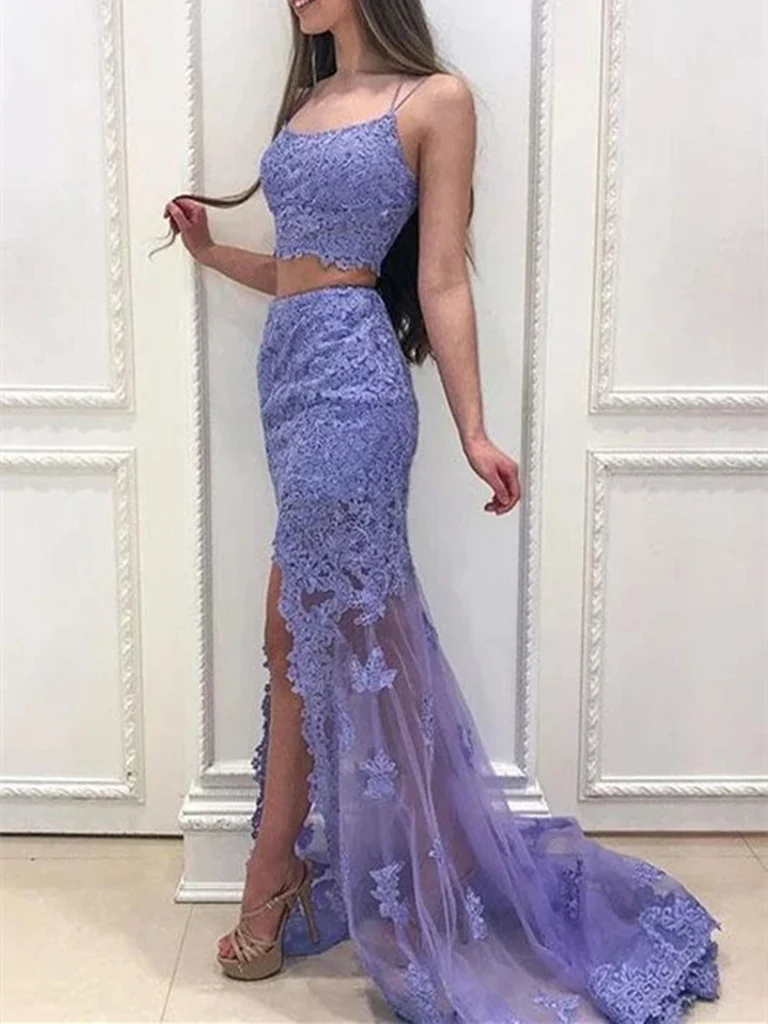 Two Pieces Mermaid Lace Backless Long Prom Dresses Formal Evening Dresses