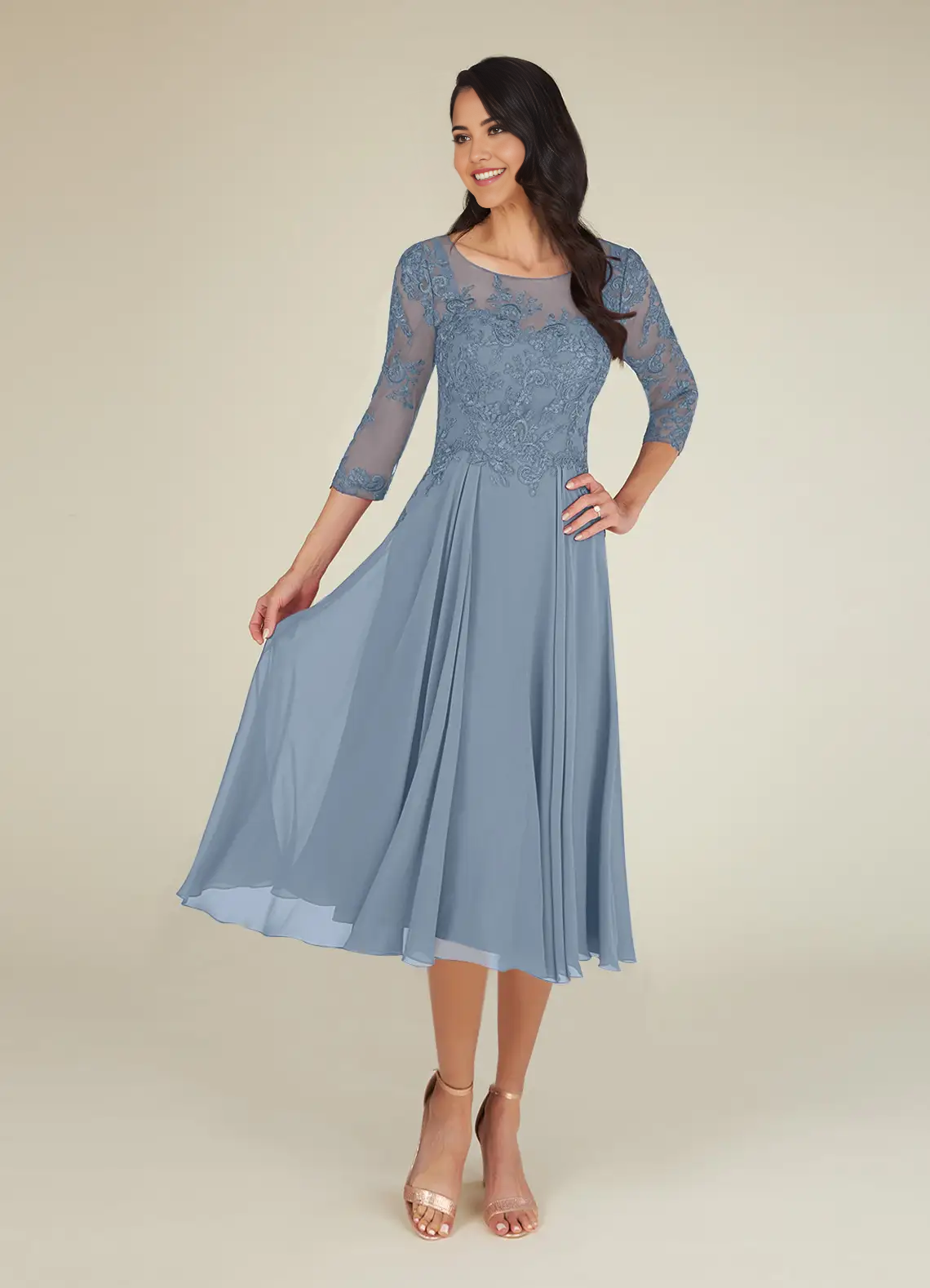 A-Line Scoop Lace Chiffon Dusty Blue Mother of the Bride Dresses