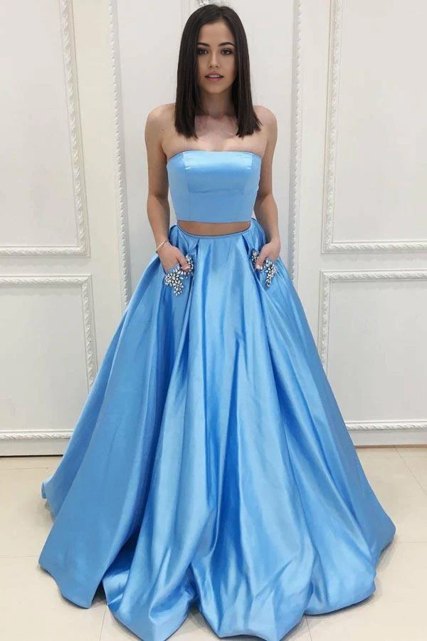 Two Piece Strapless Sweep Train Blue Satin Prom Dresses with Pockets
