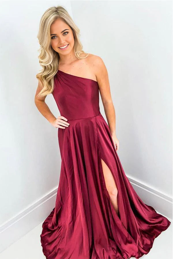 Elegant One Shoulder Wine Red Long Prom Dresses Formal Dress with Split