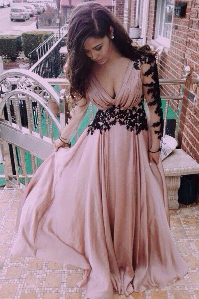 A-line V-Neck Long Sleeve Lace formal dress evening gown Prom Dresses