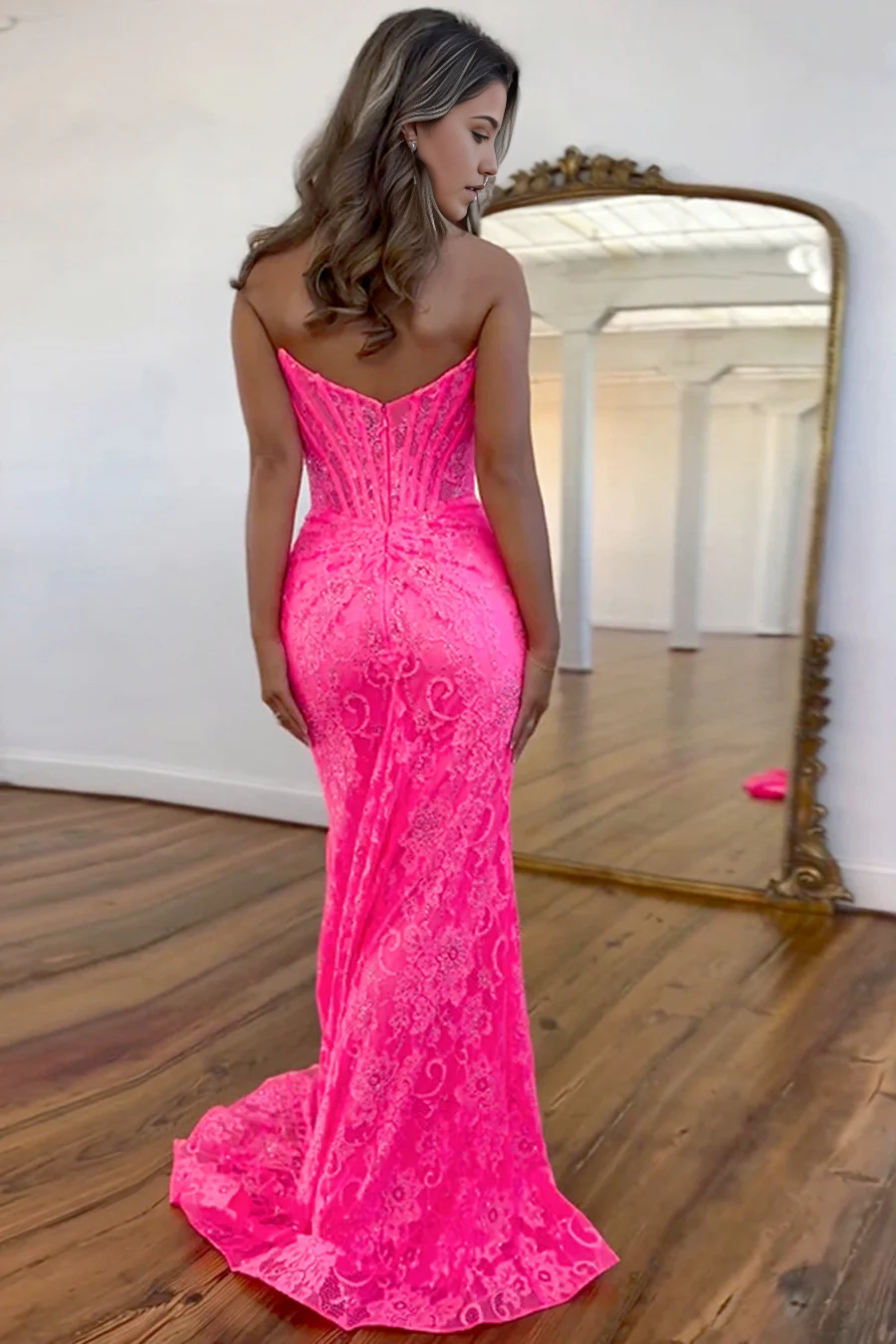 Mermaid Strapless Sweep Train Lace Pink Prom Dress With Slit