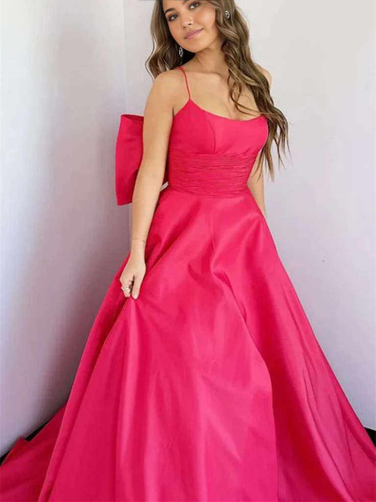 A Line Long Satin Prom Dresses with Butterfly Back