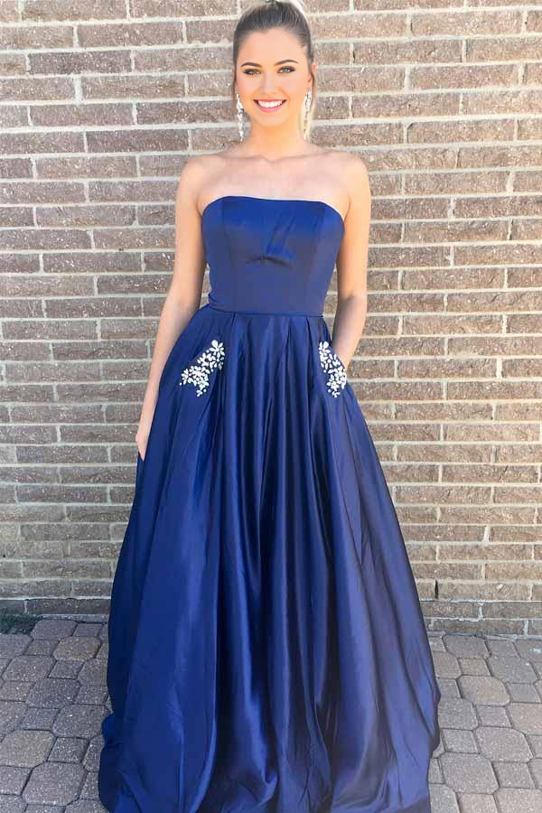 A-line Princess Strapless Royal Blue Long Prom Dress with Pockets