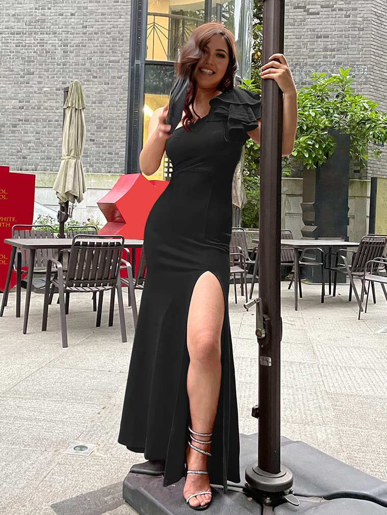 Sheath Sexy Sleeveless One Shoulder Ruffle High Split evening gown formal dress Prom Dresses