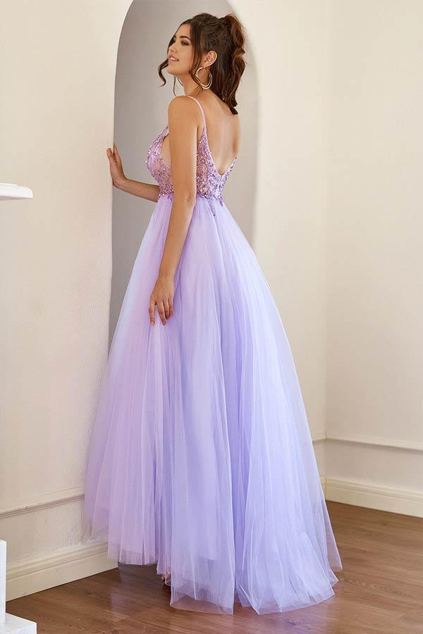 A-Line Tulle Split Lilac Long Prom Formal Dress With Beading