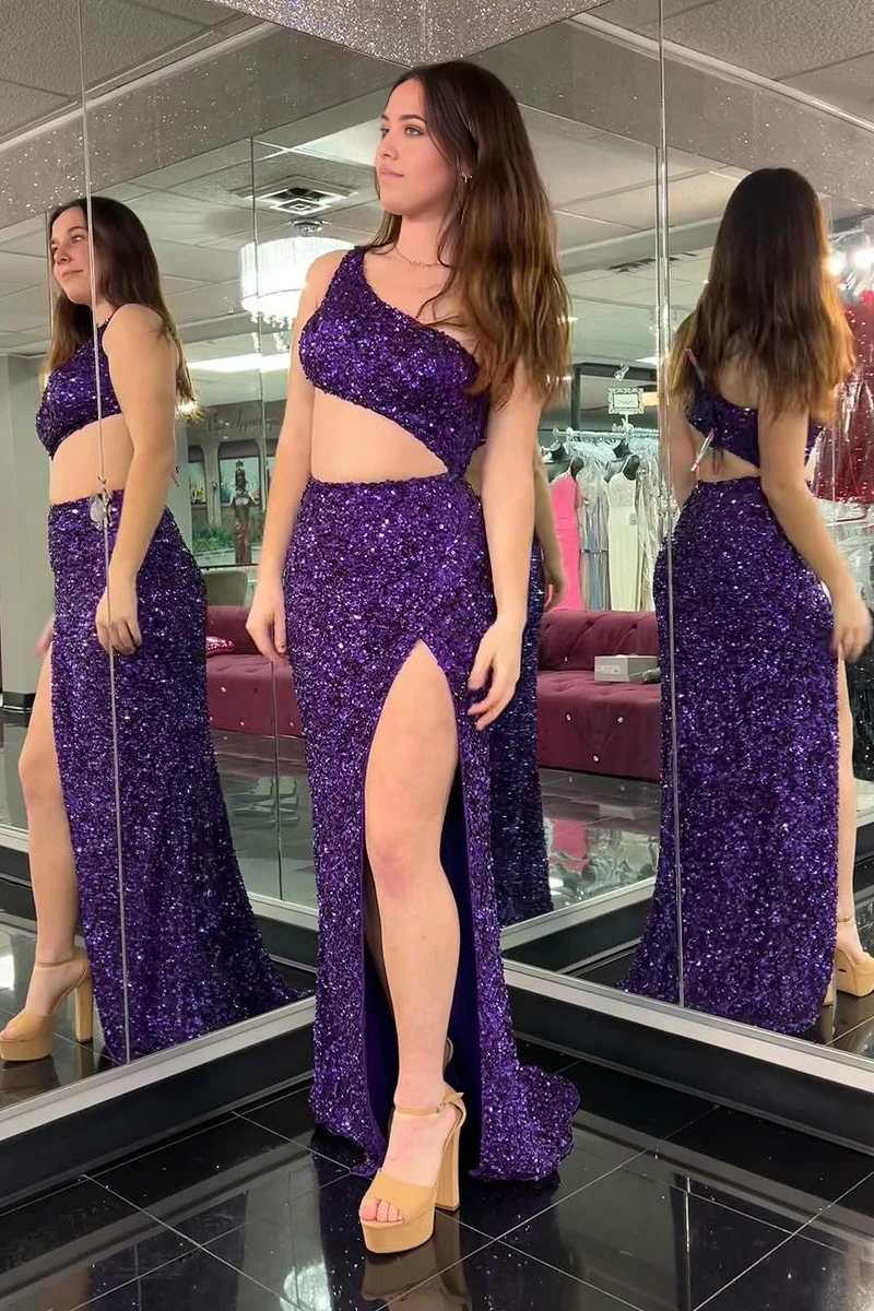 Mermaid One Shoulder Cutout Purple Sequins Long evening gowns Prom Dress
