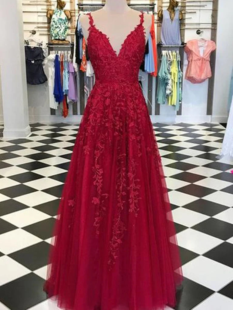 A Line V Neck Tulle Lace Long Floor Length Applique Formal Prom Dresses