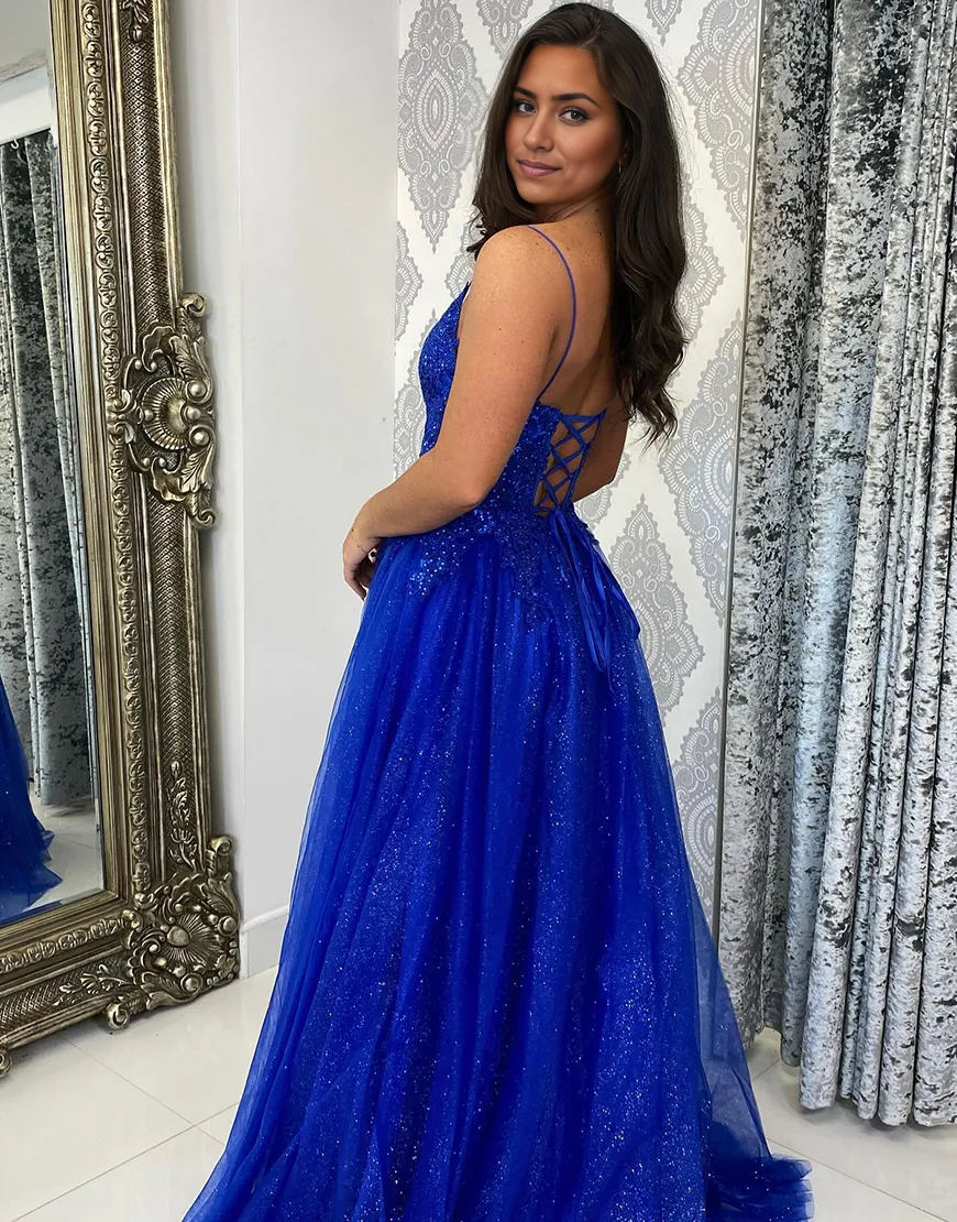 A-Line Spaghetti Straps Corset Appliques Tulle Long Sparkly Royal Blue formal dresses evening dress Prom Dress with Slit