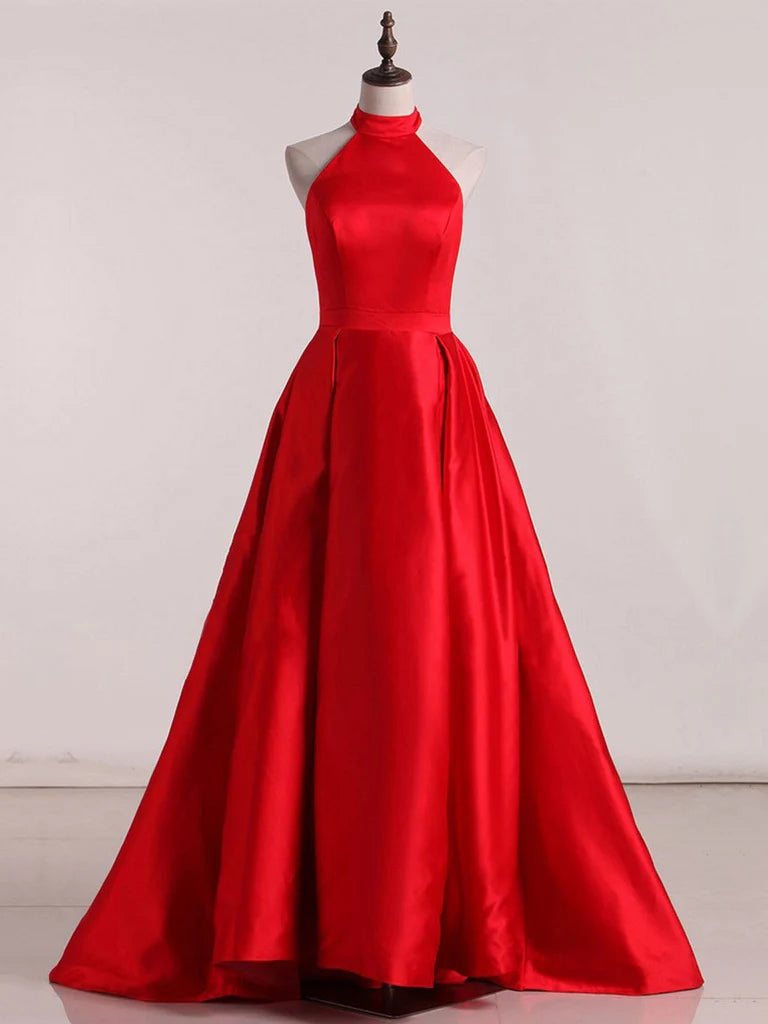 A-line High Neck Satin Long Prom Dresses Sweep Train Long Evening Dresses