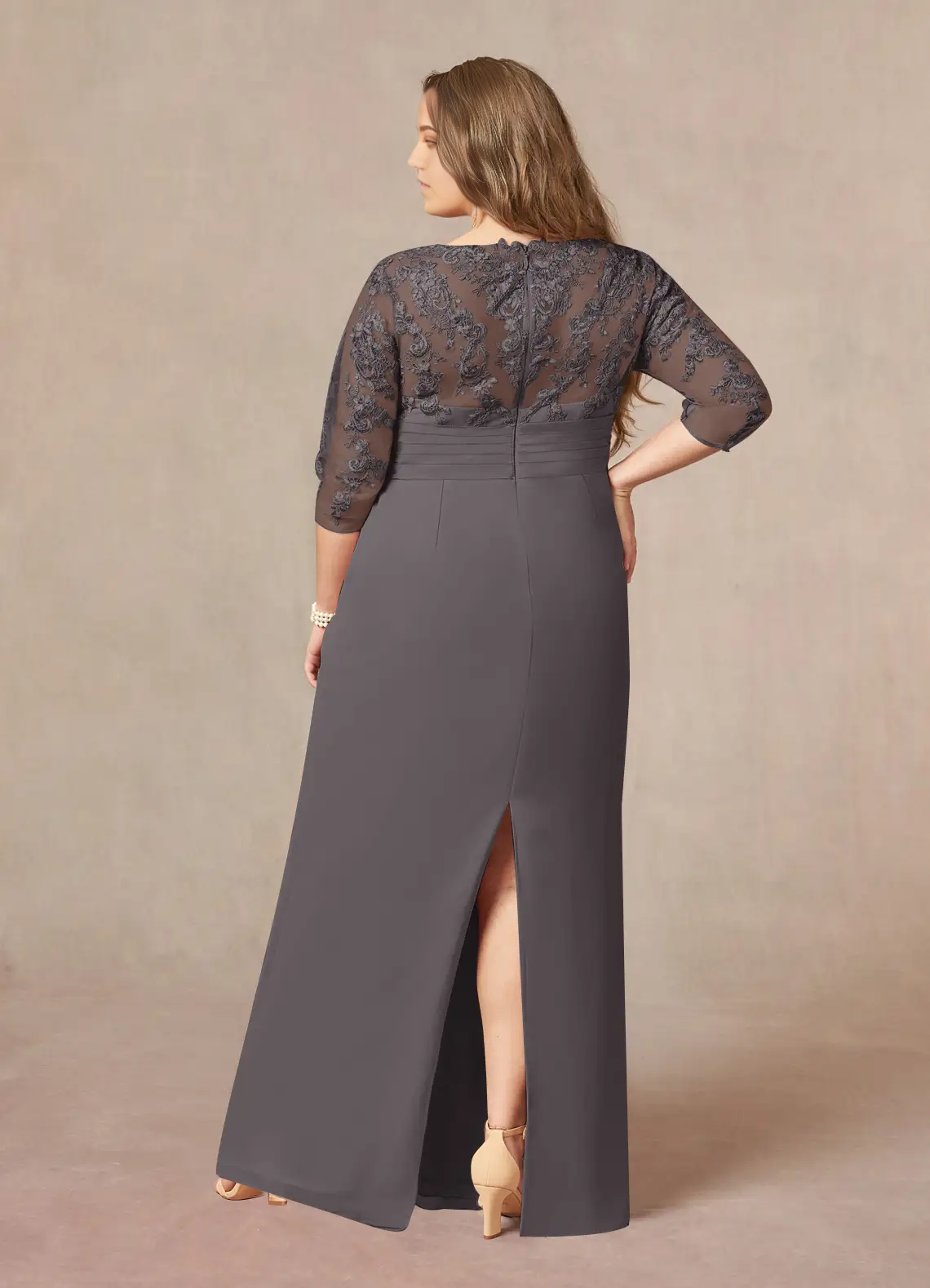 Sheath V-Neck Lace Chiffon Steel Grey formal dresses evening dress Mother of the Bride Dresses