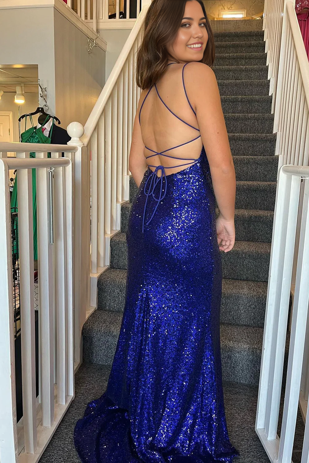 Mermaid Spaghetti Straps Royal Blue Sequins Long formal dresses evening gown Prom Dress with Split Front