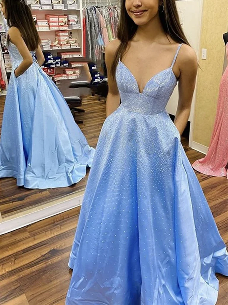 A Line V Neck Beaded Satin Long Prom Dresses