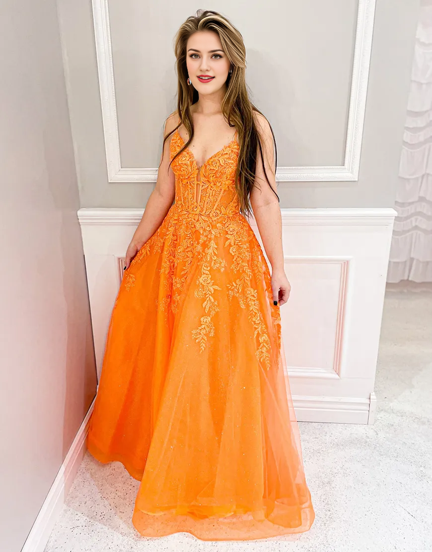 A-Line Sparkly Spaghetti Straps Corset Tulle Emerald Green Long formal dresses evening gown Prom Dress with Appliques