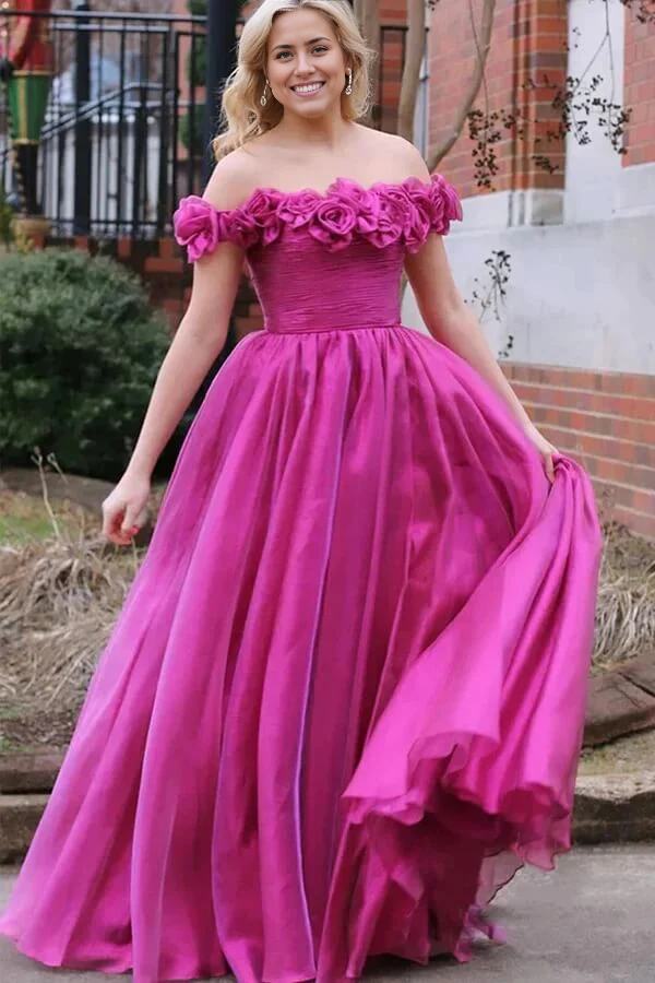 A-line Off-the-Shoulder Tulle Prom Dresses With 3D Flowers