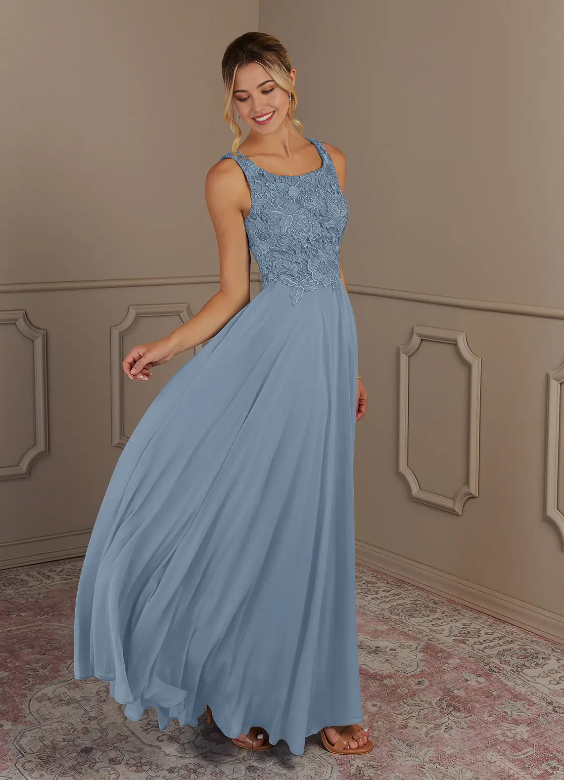 Two Piece A-Line Scoop lace Chiffon Dusty Blue formal dresses evening dress Mother of the Bride Dresses