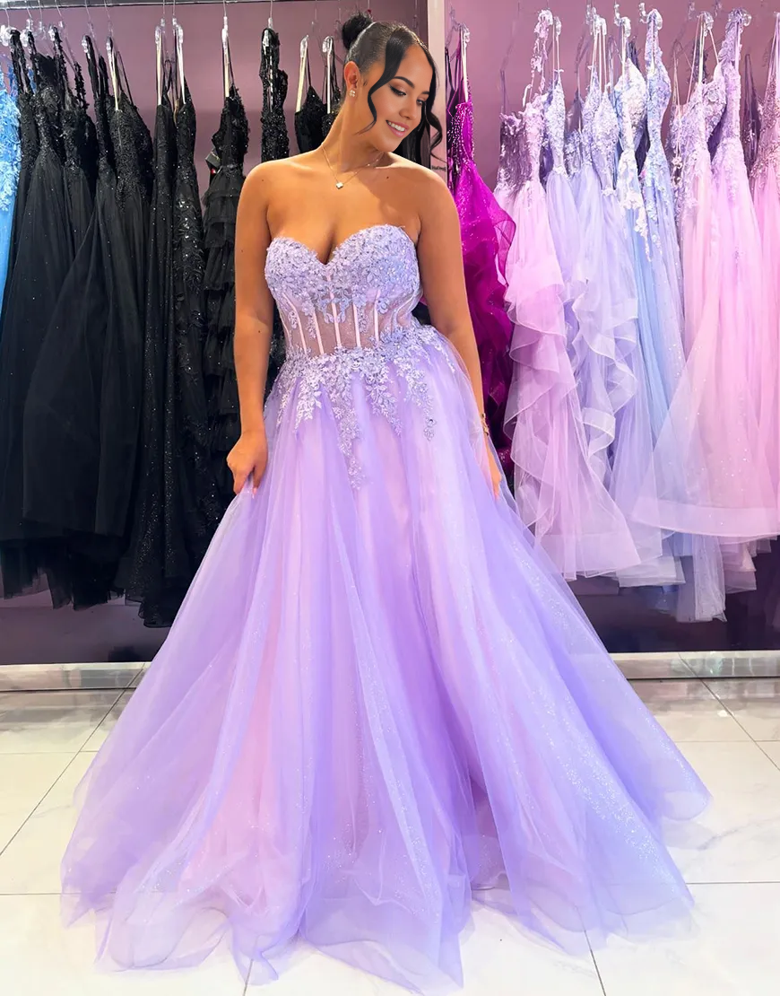 A-Line Strapless Corset Appliques Tulle Sparkly Lilac Long formal dresses evening dress Prom Dress with Slit