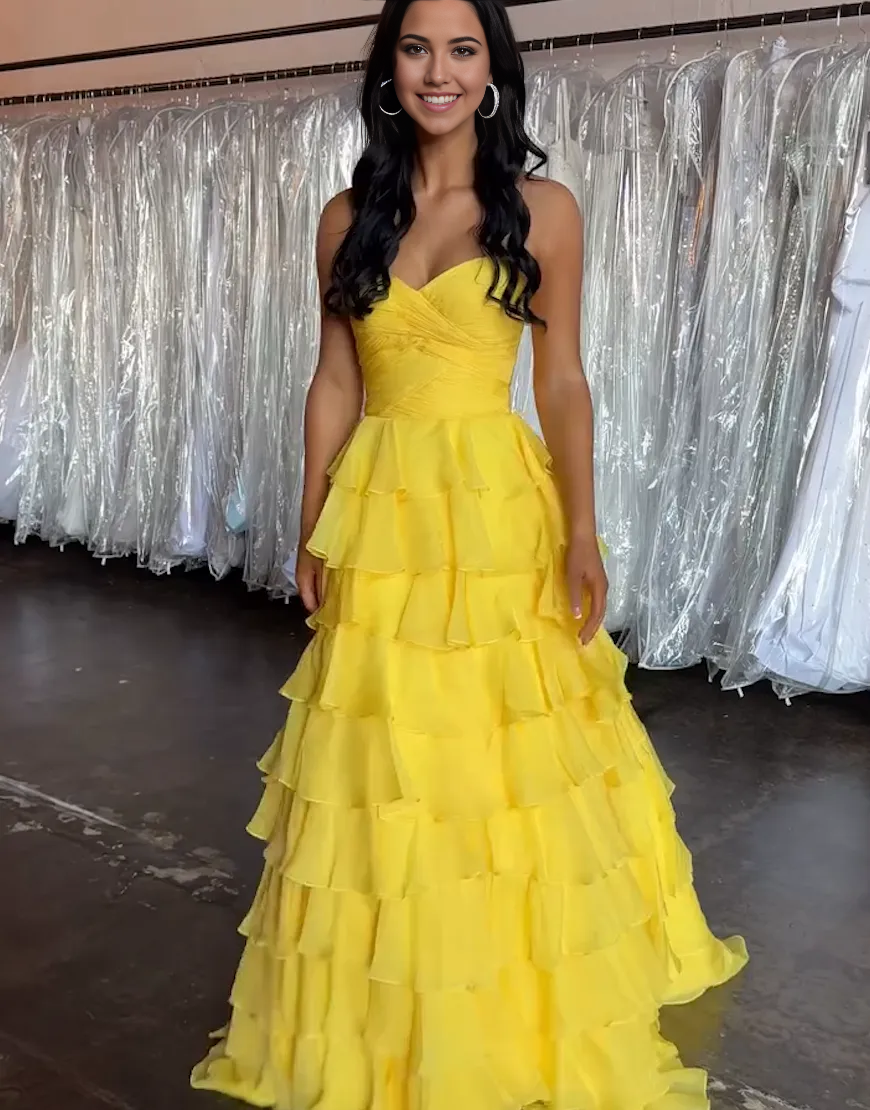 A-Line Strapless Ruffles Ruched Yellow Long formal dresses evening gown Prom Dress