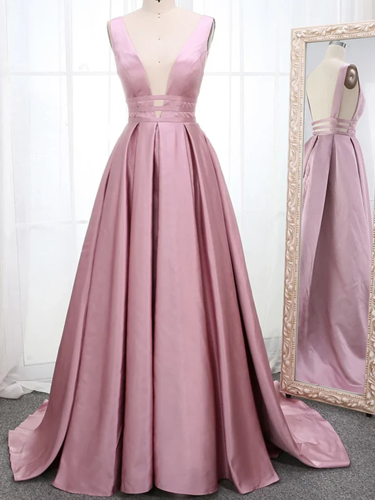 A Line Simple V Neck Sleeveless Long Satin Prom Dresses