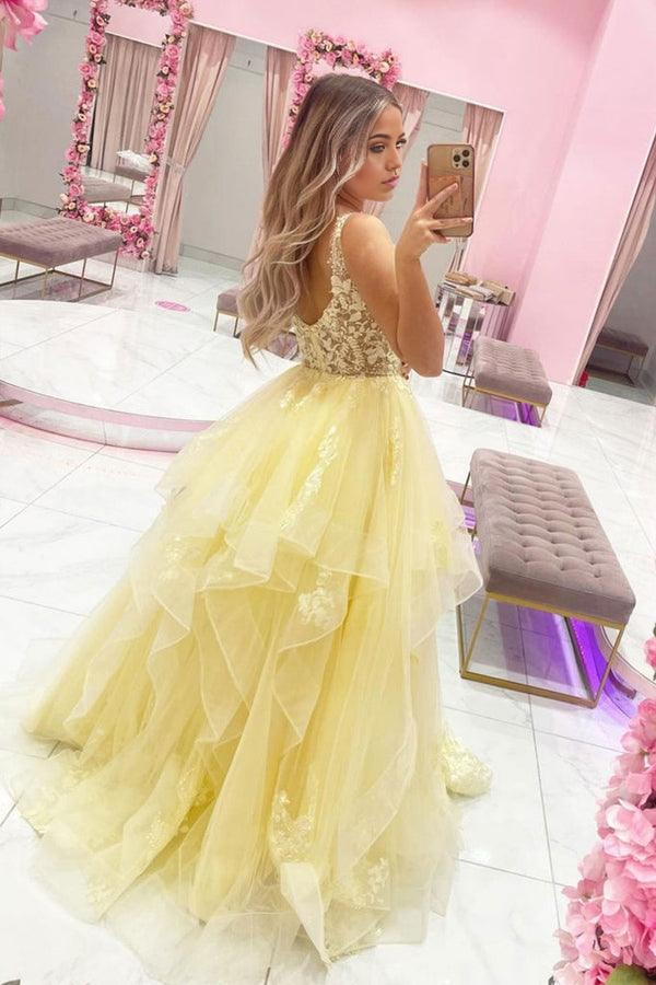 A-line V Neck Tulle Lace Yellow Long Prom Dress Evening Dress