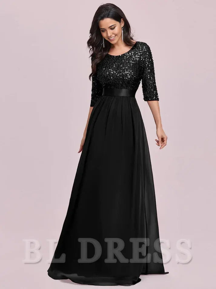A Line Elegant Crew Neck Half Sleeve Sequin evening gown formal dress Prom Dresses