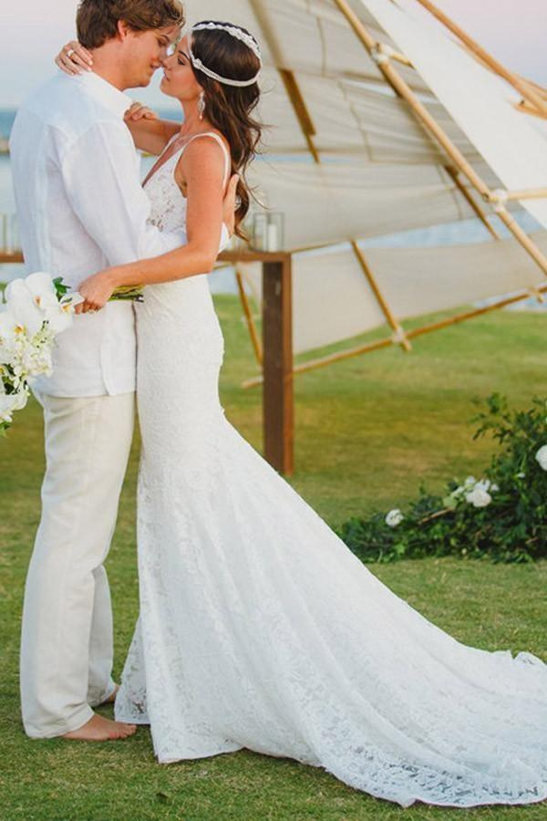 Beach Mermaid Lace V-neck Court Train Wedding Dress