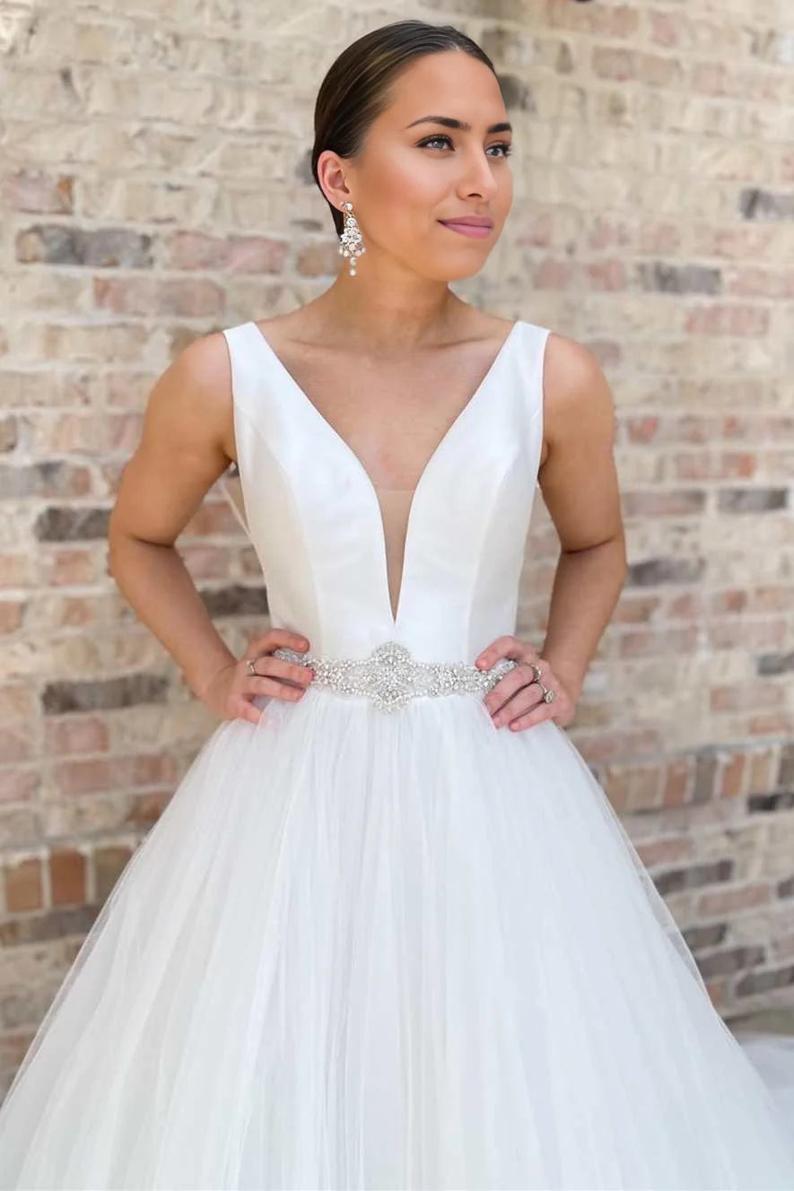 A-Line V-Neck Long Wedding Dress with Sashes