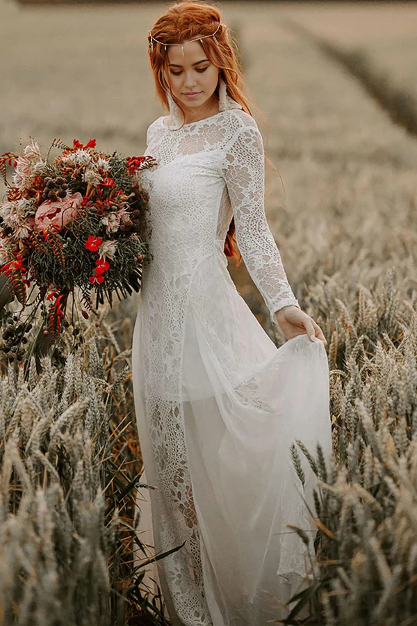 A-line Beach Scoop Neck Backless Long Sleeves Wedding Dresses