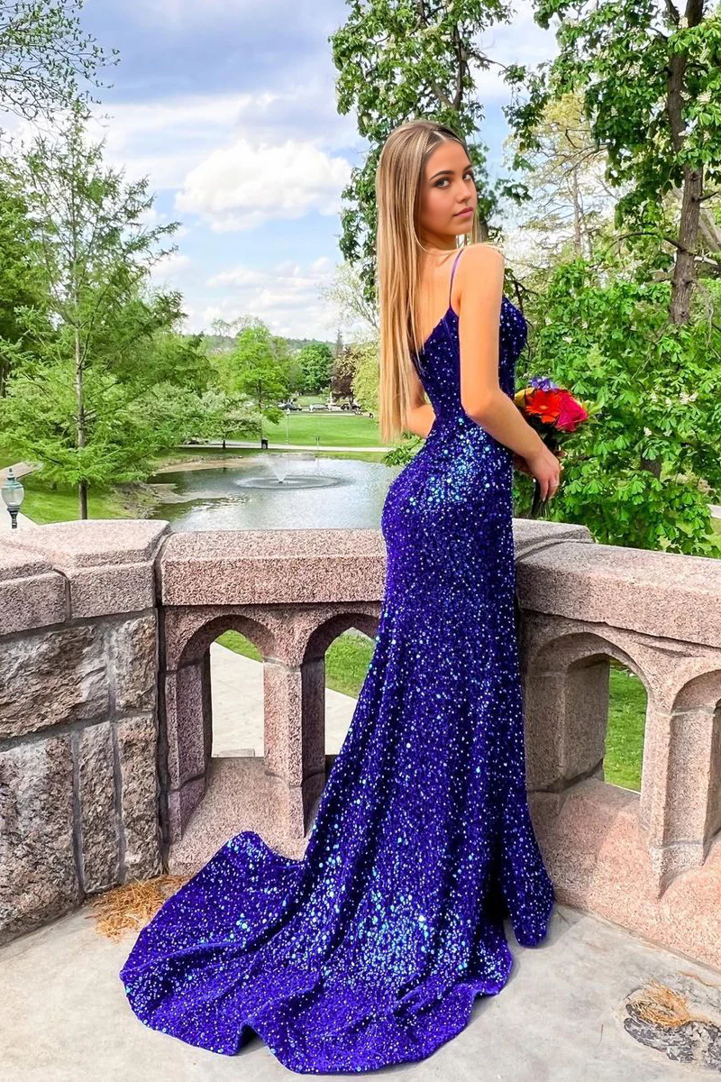 Mermaid Gorgeous v Neck Royal Blue Sequins Long Prom Dresses