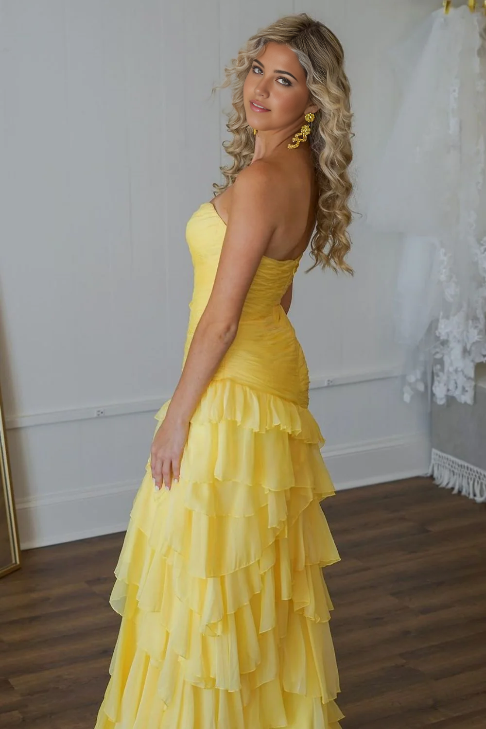 Mermaid Stunning Sweetheart Long Tiered Tulle Yellow formal dresses evening dress Prom Dress with Slit