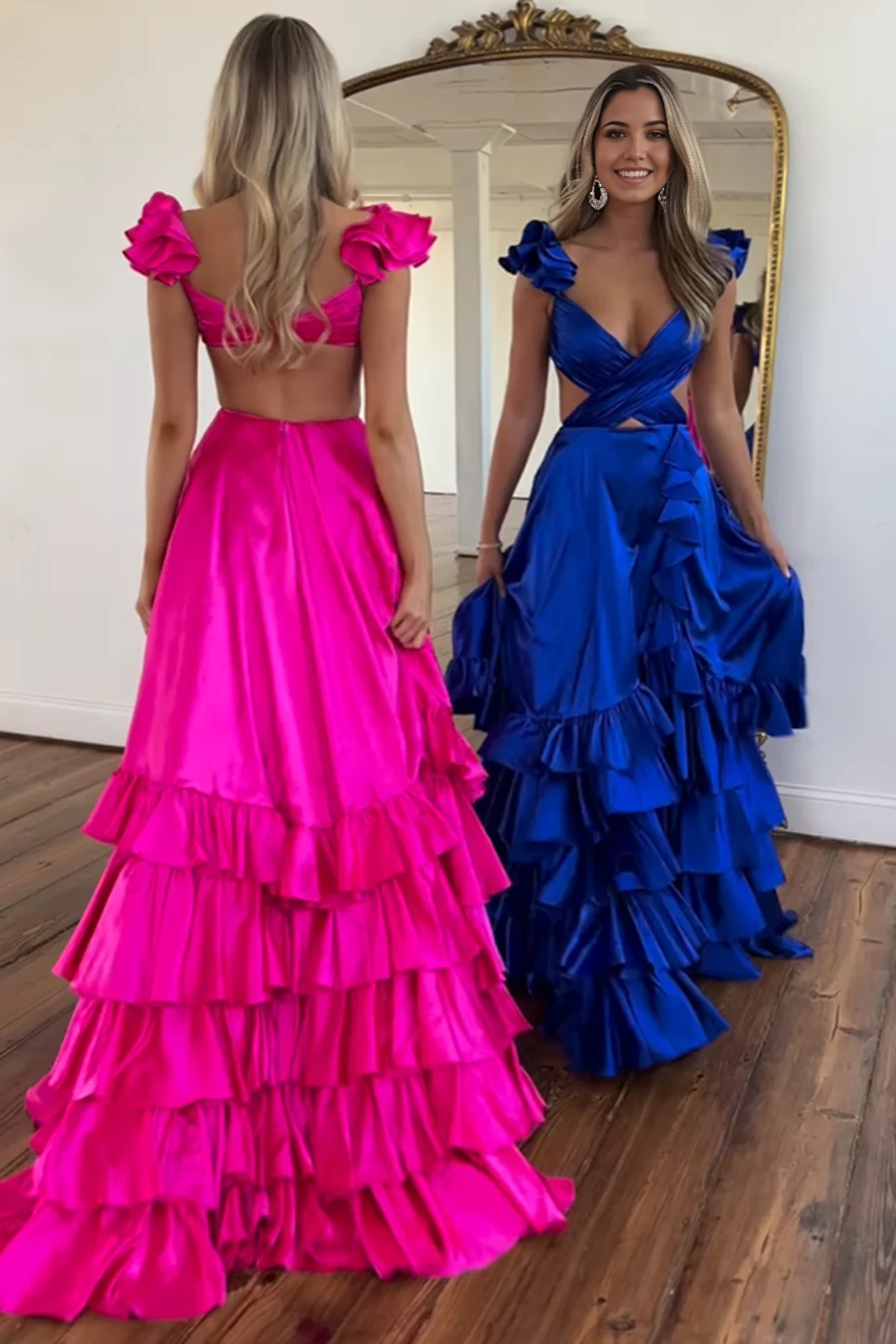 A Line V Neck Fashion Fuchsia Satin Long Prom Dresses with Slit