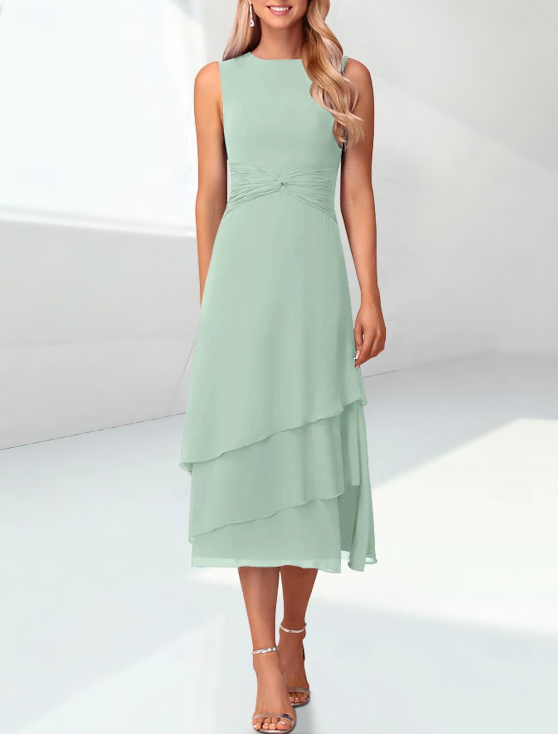 Sheath / Column Mother of the Bride Dress Elegant Jewel Neck Tea Length Chiffon 3/4 Length Sleeve Wrap Included with Ruching free custom size