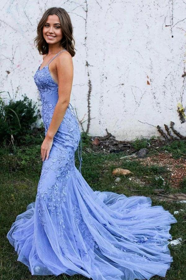 Mermaid Backless Lace Blue Long Prom Dresses Formal Dresses