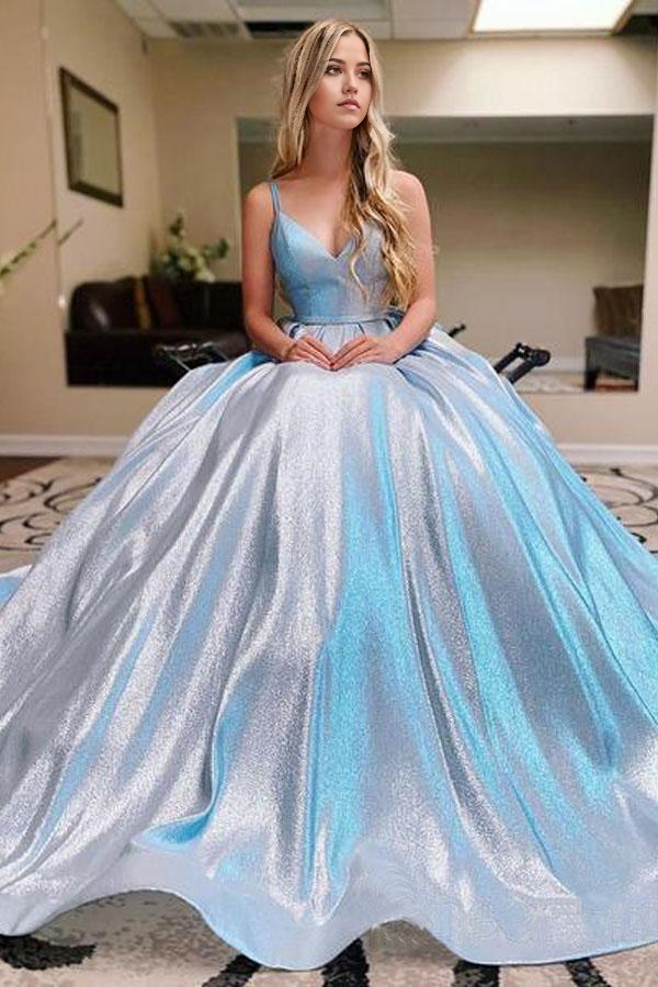 Sparkly V Neck Romantic Sky Blue Ball Gown Prom Gown Party Dress