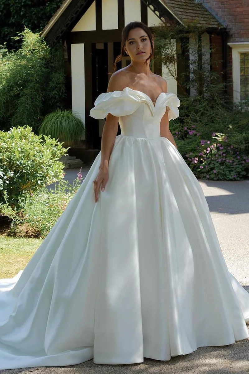 A-line Puff Off-the-Shoulder V Neck Sweeping Long Wedding Dress