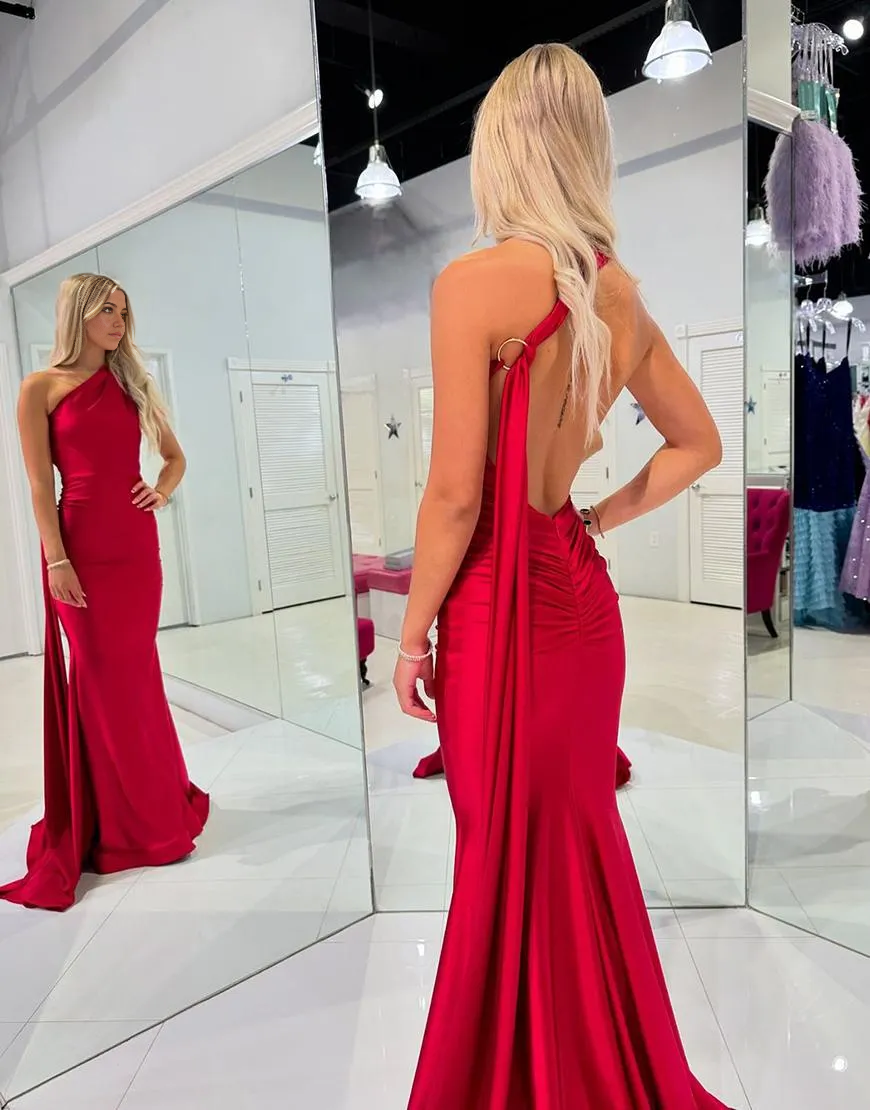 Mermaid One Shoulder Open Back Long Red formal dresses evening gown Prom Dress with Strap