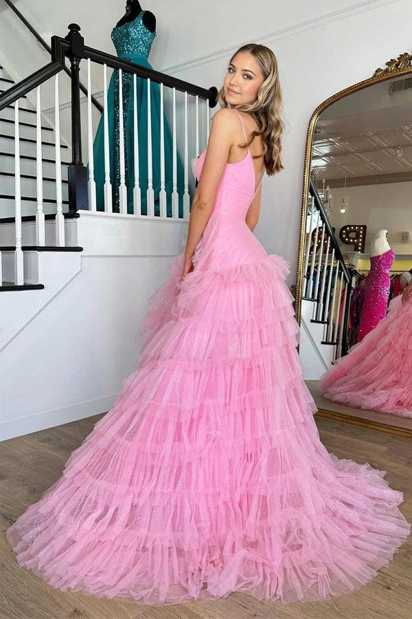 A-line V-Neck Tiered Pink Long Prom Dress with Ruffles