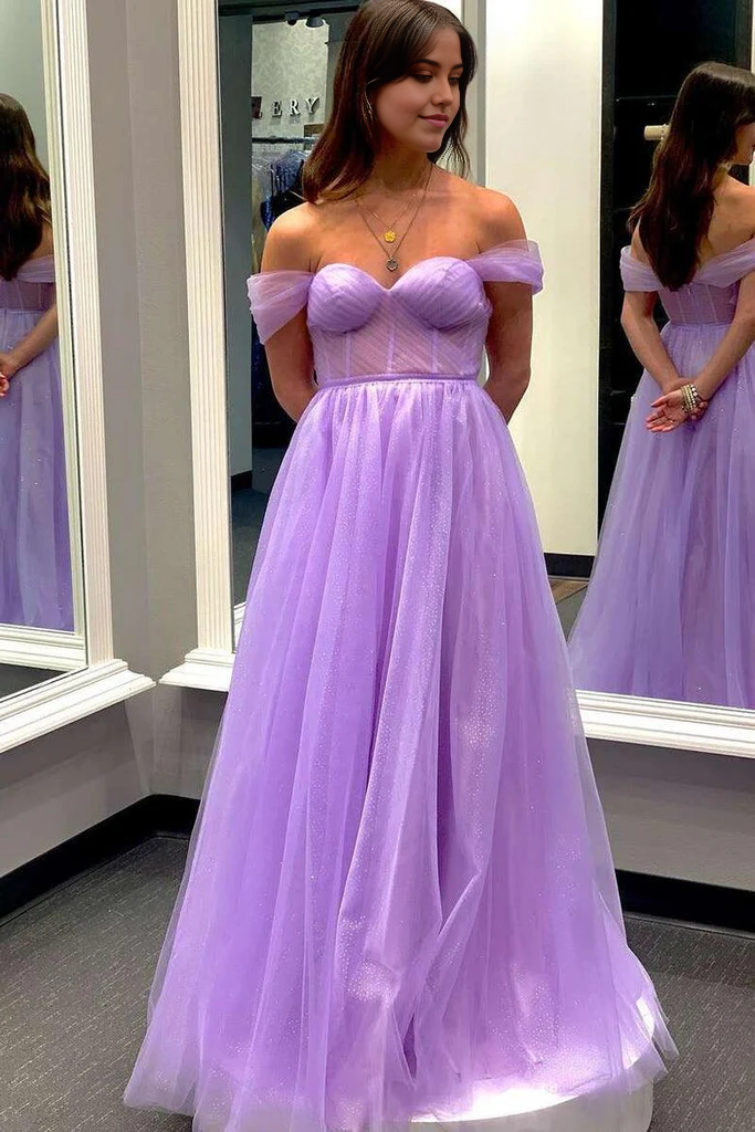 A-Line Yellow Off-the-Shoulder Tulle Prom Dress Formal Dress