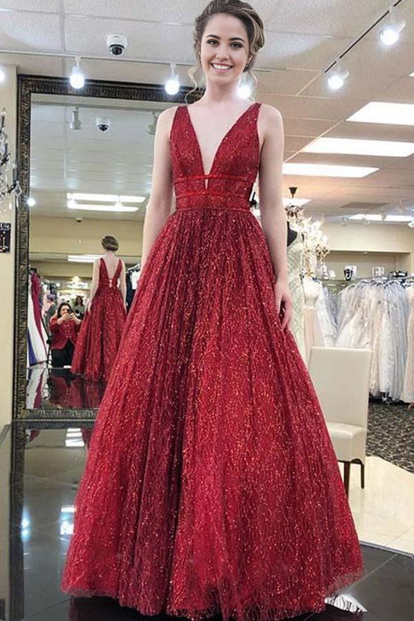 Elegant V neck Tulle Sequins Burgundy Long Prom Party Dress