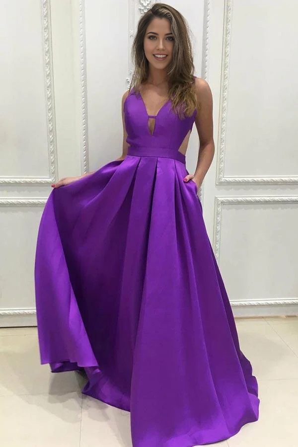 A-line Simple V-Neck Sweep Train Grape Satin Prom Dresses Evening Dresses